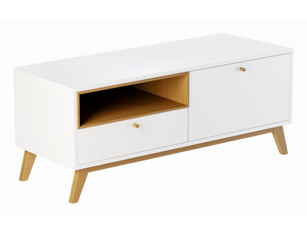 ARBYD Bílý TV stolek Thia s dubovou podnoží  120 x 45 cm