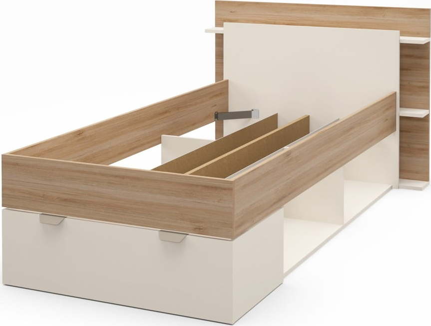 Jednolůžková postel v dekoru dubu s úložným prostorem bez roštu v bílo-přírodní barvě 90x200 cm Albo – Marckeric