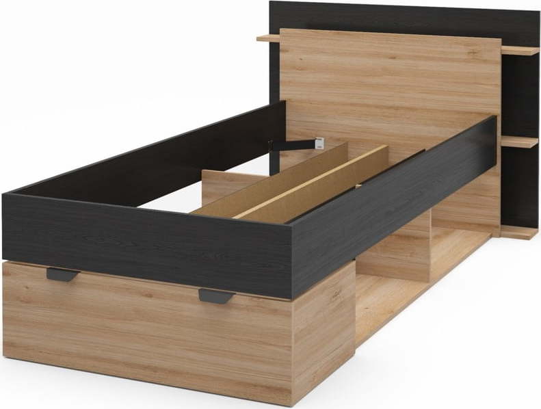 Jednolůžková postel v dekoru dubu s úložným prostorem bez roštu v černo-přírodní barvě 90x200 cm Albo – Marckeric